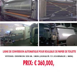 LIGNE DE CONVERSION PR ROULEAUX  PAPIER TOILETTES - matériels machines bonjour,  nous disposons pour notre partenaire d'allemagne d'une ligne de conversion pour rouleaux de papier toilettes ayant une capacité de production d'environ 350 m / min (jusqu'à 15 journaux / min).nous contacter pour plus d'infos.