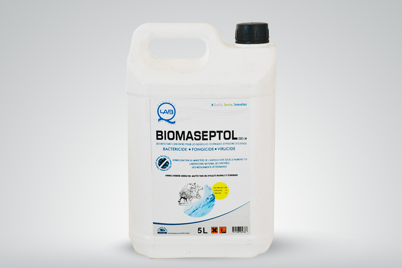 BIOMASEPTOL D80 LM:DESINFECTANT LOCAUX D'ELEVAGE - hygiene entretien biomaseptol d 80 lm. désinfectant concentré. solution efficace pour les nouvelles techniques d’hygiène en élevage. bactéricide – fongicide – virucide -	solution efficace contre les agents pathogènes aviaires des élevages intensifs -formule adapt&eacut