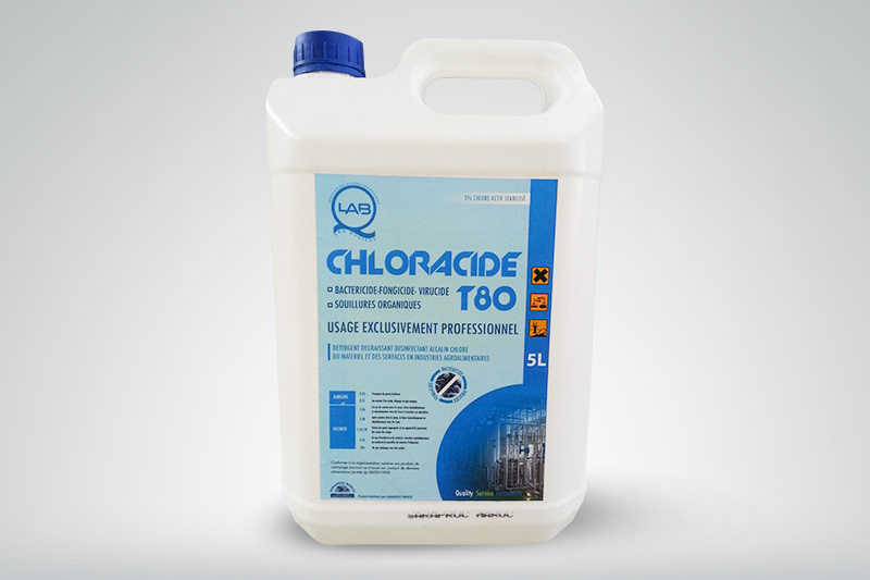 CHLORACIDT80:Désinfectant autorisé pour les I.A.A - hygiene entretien chloracid t80 est un détergent désincrustant désinfectant alcalin chloré des surfaces et matériels,  désinfectant nouvelle génération destiné à etre utilisé dans les industries agroalimentaires,  il est homologué bacte