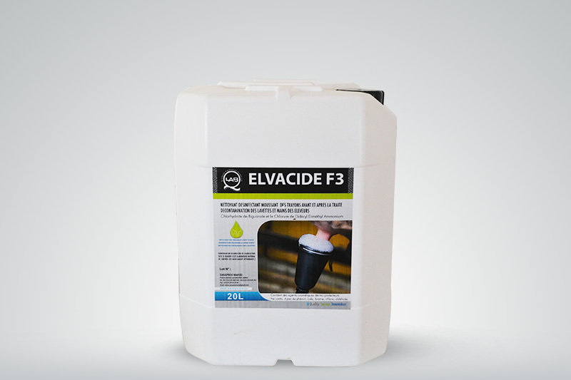 ELVACID F3:Décontaminant des mamelles  - hygiene entretien elvacide f3 est biocide dernière génération nettoyant désinfectant moussant concentré spécialement formulé pour l’hygiène des trayons avant et après la traite et le nettoyage et décontamination des lingettes--- contient une soluti