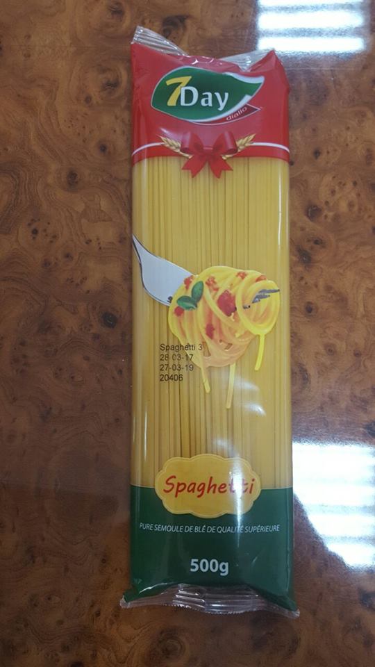 spaghetti - féculents spaghetti de la tunisie a 100% blé dur--marque 7day fabriqué pour le marché africain--1.2mm ou 2mm--2700 cartons/ctr 20'--prix de 5euro/carton