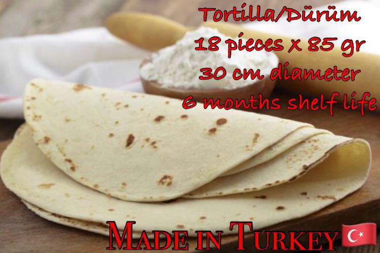 DURUM TORTILLA - autres bonjour à tous et à chacun,  ----pour les grandes,  moyennes et petites surfaces de la restauration ou de fast-food,  nous avons en disponibilité des galettes durum tortilla.  30cm de diamètre,  85 grammes ou 90 grammes,  emballés par 18 dans un carton de 10. expé