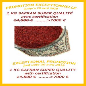 safran promotion exceptionnelle - épices aromates notre safran est résultat une culture resonnée; on a décidé à vente 1 kg de notre safran iranian avec iso3632,  avec la certification de libratoire francaise,  au lieu de 14500 euros,  on va le vende  7000 euros. c'est une promotion jusqu'à 20 avril 2019. --app