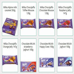 MILKA 100 G - sweet fresh milka --origin poland--all taste ----milka daim 22x100g--milka cowspot 23x100g--milka dessert 22x100g--milka caramel 23x100g--milka alpine milk 24x100g--milka hazelnut 22x100g--milka raisin nut 22x100g--milka chips ahoy 22x100g--milka milk with rice crisp 20x100g--milka oreo 22x100g--milka str