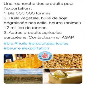 Une cherche des produits alimentaires  - huiles une cherche des produits---blé --huile végétal,  huile soja ,  beurre etc. --des autres produits alimentaires.--en grands quantities.--n'hesitez pas à nous contacte--