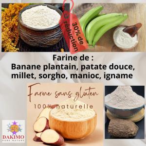 Farines Sans gluten, naturelles,  - féculents nous produisons des farines sans gluten,  de très bonne qualité et en grande quantité--nos farine sans de très grande quantité nutritive,  issu de l'agriculture familiale sans pesticide dans la zone riveraine du parc w du benin.--nous avons - --- la farine de patates