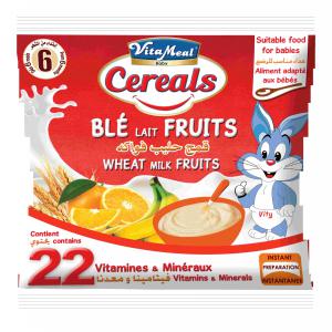 Céréale Infantile Blé Lait Fruits 50g  - céréales vitameal baby céréales est une des seules préparations lactées à apporter de vraies réponses nutritionnelles à votre bébé grâce à ses 22 vitamines & minéraux ajoutés,  avec un assortiment sans gluten.--un savour