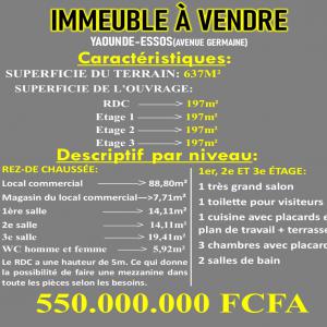 Immeuble à vendre à Yaoundé, ESSOS,  - mine terrain concession à vendre - immeuble commercial à yaoundé,  essos,  avenue germaine--prix - 550.000.000 fcfa--superficie du terrain - 637 m²--découvrez cet immeuble commercial de 03 niveaux,  une toile vierge prete à etre aménagée selon vos besoins ---rez-de-chauss&eacut