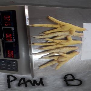 Chicken paw - meat and eggs clean chicken feet without black spots--not less than 27 g--packed 25 kg in each frozen box  --country of origin- algeria--halal certification 