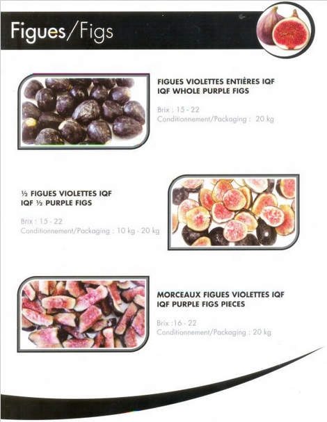 Figues Surgelées - fruits et légumes - figues violettes entières iqf ---   brix - 15 - 22--   packaging - 20 kg-- --- 1/2 figues violettes iqf ---   brix - 15 - 22--   packaging - 10 kg - 20 kg-- --- morceaux figues violettes iqf ---   brix - 16 - 22--   packaging - 20 kg